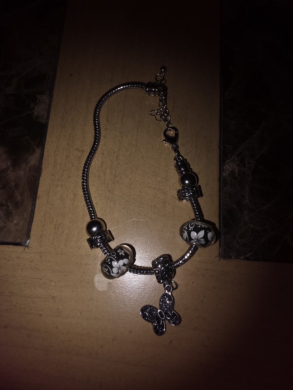 925 Silver Floral Glass Bead Bracelet with Butterfly Charm